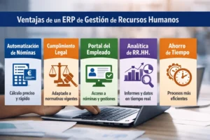 Infografía apaisada que muestra las principales ventajas de un ERP de gestión de recursos humanos: automatización de nóminas, cumplimiento legal, portal del empleado, analítica de RR. HH. y ahorro de tiempo.