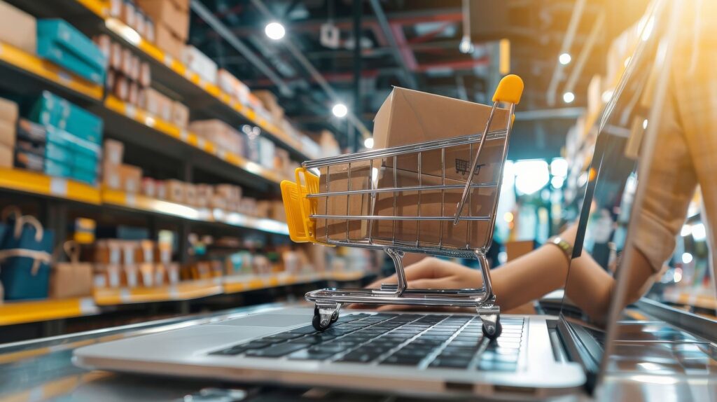 Carrito de compra con una caja sobre un portátil dentro de un almacén, representando la logística y ventas en e-commerce.