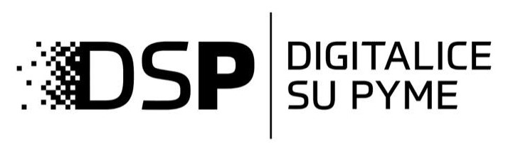 Logotipo DSP Digitalice su Pyme con diseño minimalista en blanco y negro y efecto pixelado en las siglas DSP