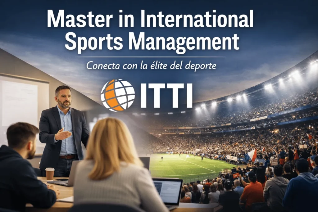 Profesor impartiendo clase de gestión deportiva a un grupo de alumnos en un aula, combinado con un estadio de fútbol lleno de público, representando la conexión entre formación académica y la industria deportiva profesional.