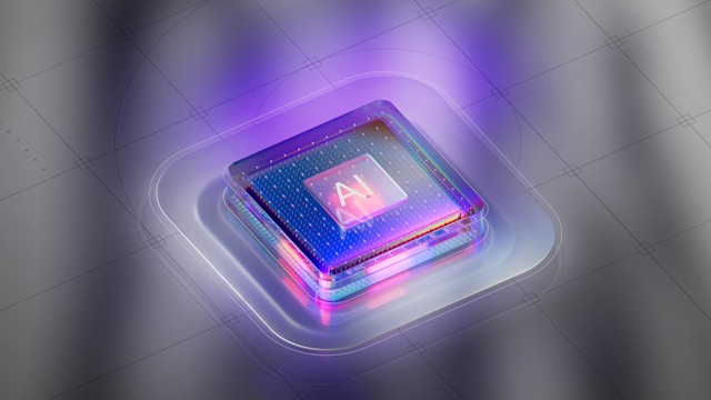 Chip tecnológico con iluminación neón y la palabra “AI” en el centro, representando inteligencia artificial en un entorno digital futurista.