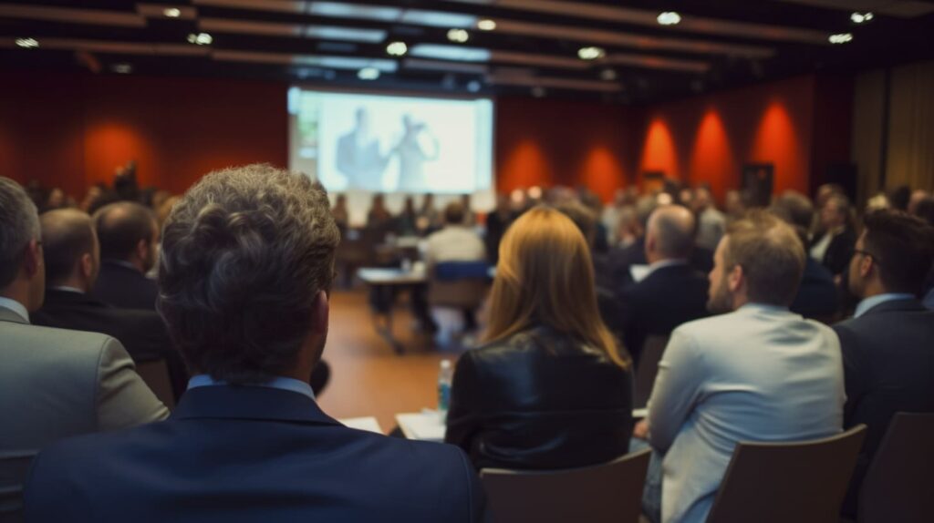 Asistentes escuchando una ponencia durante una conferencia o evento corporativo en un auditorio.