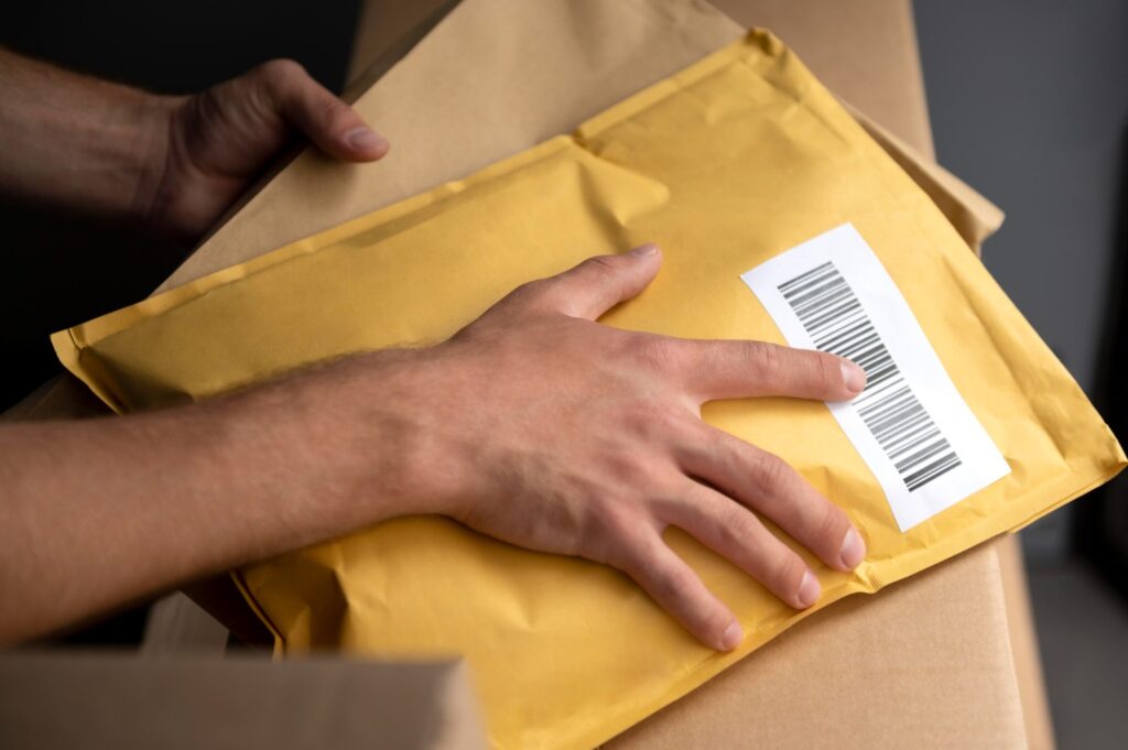Primer plano de una persona sosteniendo un sobre acolchado amarillo con etiqueta de código de barras sobre una caja de cartón.