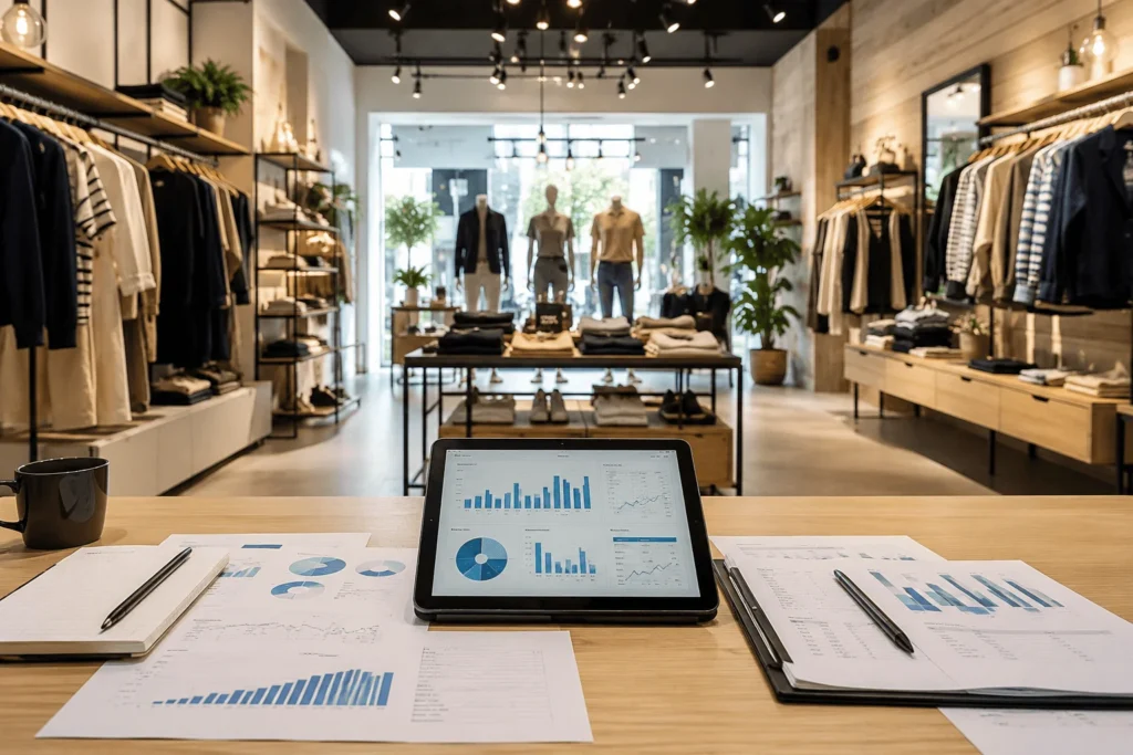 Interior de una tienda de ropa moderna y luminosa, con expositores ordenados, maniquíes al fondo y una mesa en primer plano con una tablet y gráficos de análisis de ventas.