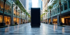 Tótem publicitario digital vacío en una avenida comercial moderna con palmeras y edificios de cristal.