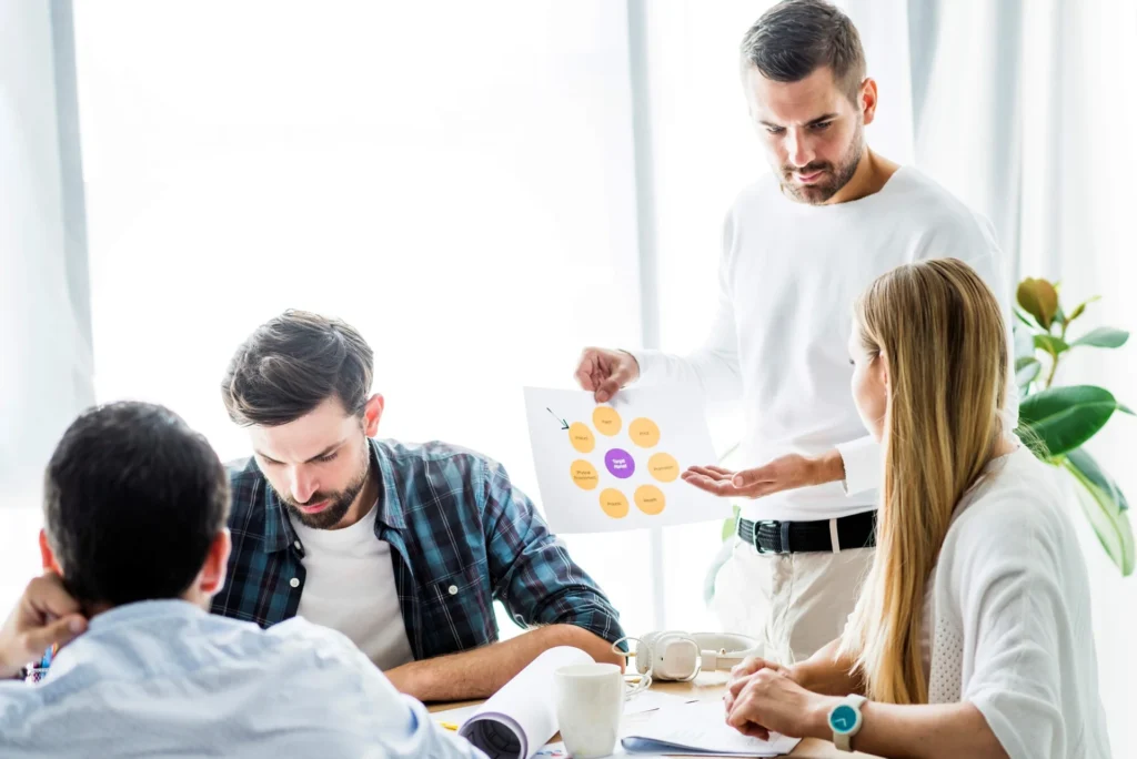 Personas reunidas en una oficina durante una reunión de trabajo, mientras un profesional presenta una estrategia o proyecto mostrando un gráfico al resto del equipo.
