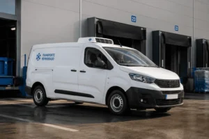 Furgoneta refrigerada estacionada en un muelle de carga logístico con conductor en el interior preparada para el transporte de mercancías en frío.
