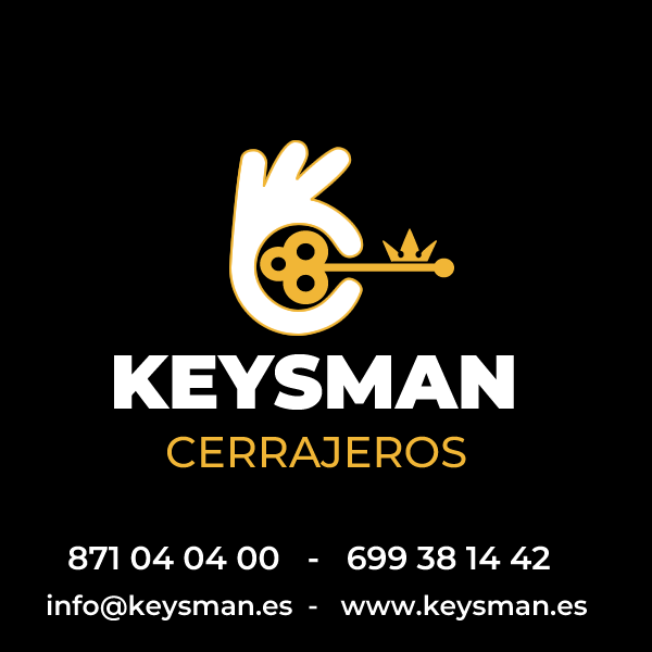 Logotipo de Keysman Cerrajeros con icono de llave en blanco y amarillo sobre fondo negro, junto a teléfono, email y web de contacto.