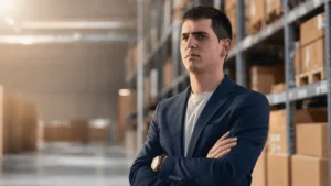 Hombre con chaqueta azul y brazos cruzados en el interior de un almacén con estanterías y cajas al fondo.