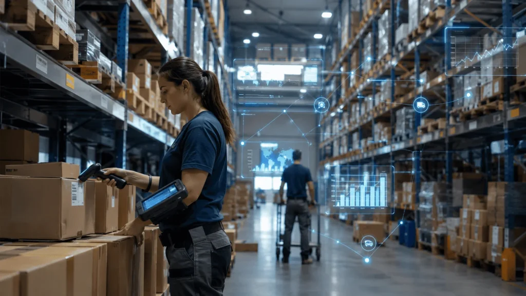 Operaria escaneando productos en un almacén moderno con datos digitales en tiempo real sobre la gestión de inventarios.