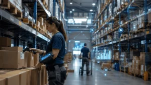 Operaria escaneando productos en un almacén moderno con datos digitales en tiempo real sobre la gestión de inventarios.