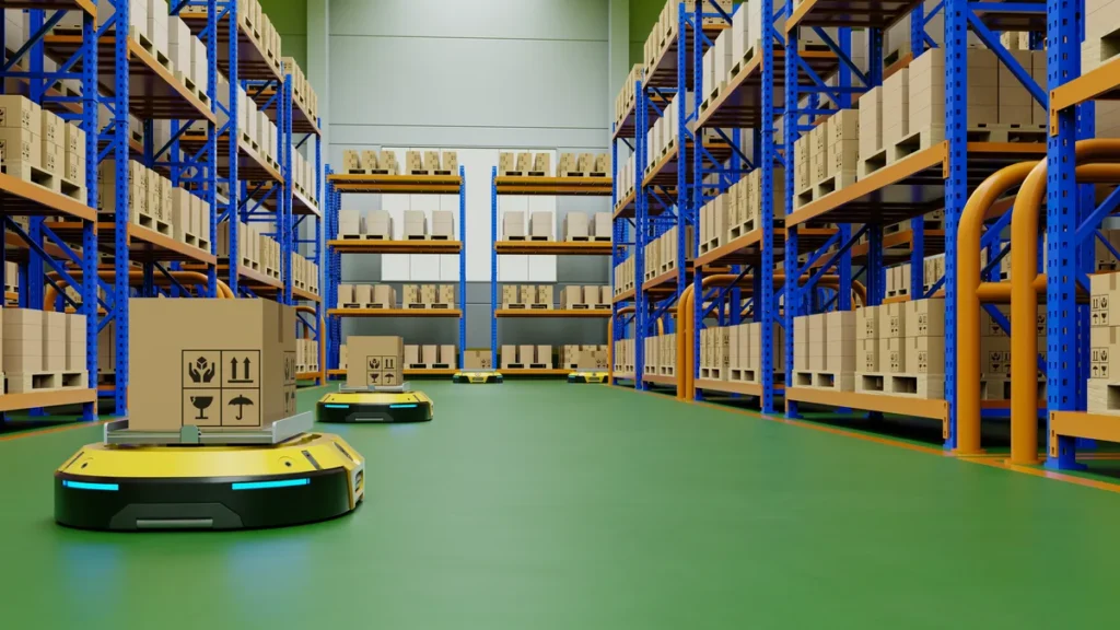 Robot móvil en almacén automatizado para ilustrar la automatización logística en pymes.