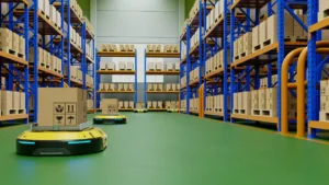 Robot móvil en almacén automatizado para ilustrar la automatización logística en pymes.