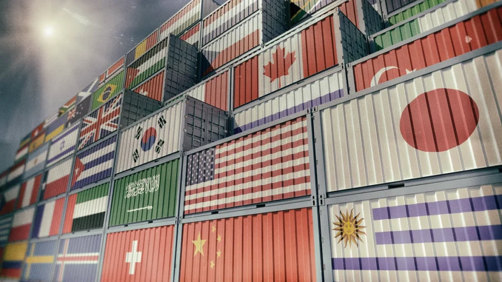 Contenedores internacionales con banderas para ilustrar barreras arancelarias y no arancelarias.