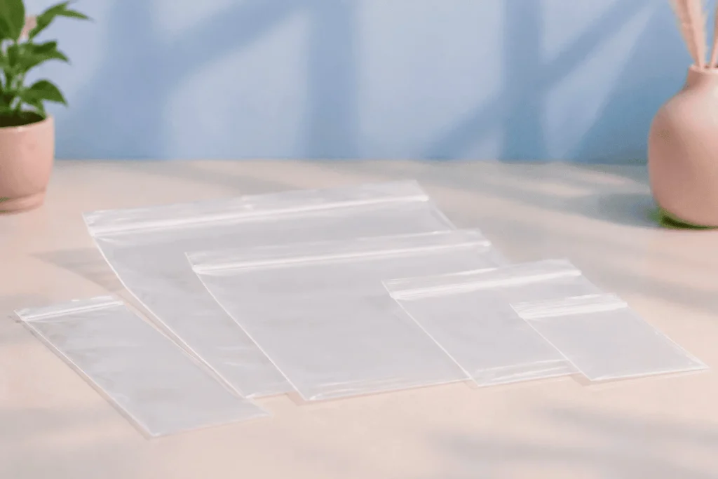 Varias bolsas de polietileno transparentes, lisas y tumbadas sobre una superficie clara, con fondo desenfocado en tonos suaves y elementos decorativos.