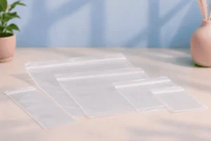 Varias bolsas de polietileno transparentes, lisas y tumbadas sobre una superficie clara, con fondo desenfocado en tonos suaves y elementos decorativos.