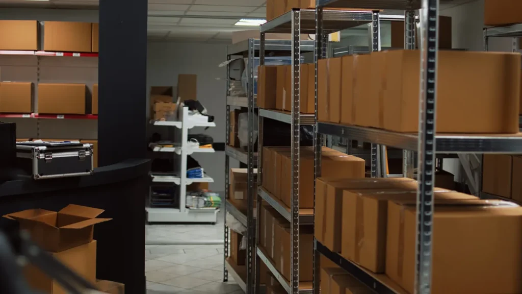 Estanterías de almacén con cajas para explicar el cálculo del stock de seguridad.