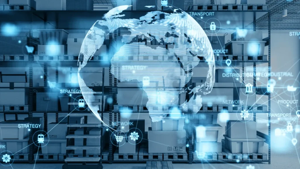 Red global digital sobre entorno industrial para explicar logística y cadena de suministro.
