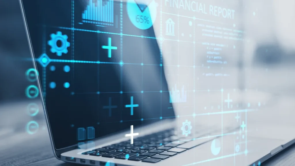 Interfaz digital con iconos tecnológicos para explicar la digitalización de pymes en España.