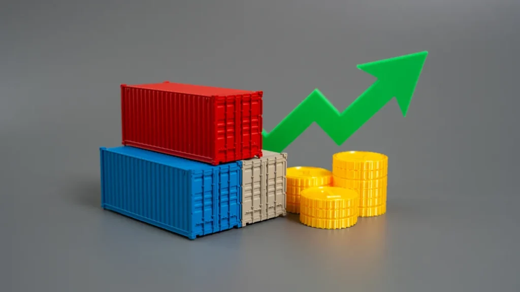 Bloques y monedas con flecha ascendente para explicar el dumping en comercio internacional.