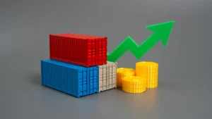 Bloques y monedas con flecha ascendente para explicar el dumping en comercio internacional.