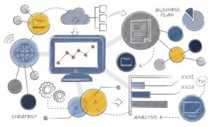 Ilustración de estrategia empresarial con gráficos, análisis de datos y plan de negocio.