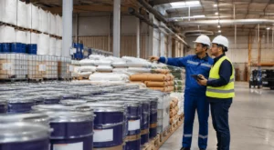 Operarios revisando inventario y materias primas en una planta industrial con sistema logístico de almacenamiento internacional