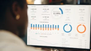 Panel financiero con gráficos para ilustrar la gestión de tesorería de una pyme.