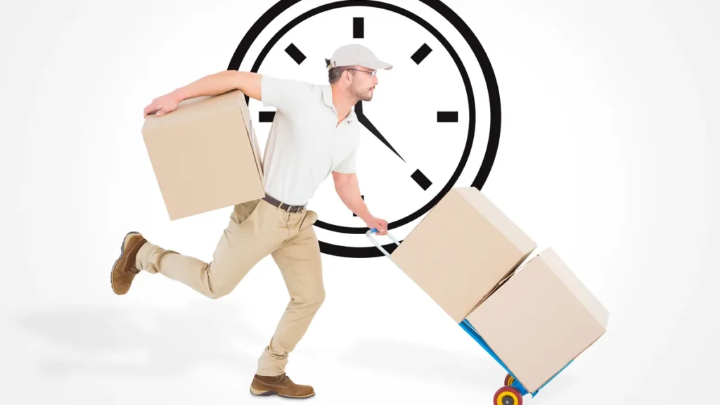 Repartidor con cajas y reloj de fondo para representar el lead time en logística.