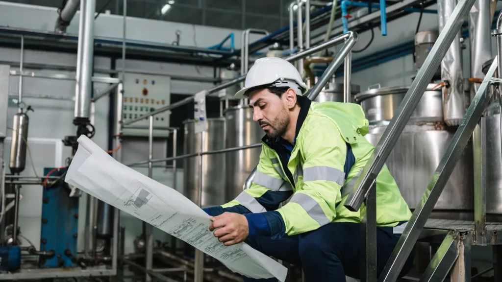 Técnico revisando planos en fábrica para comparar Lean Manufacturing y Six Sigma.
