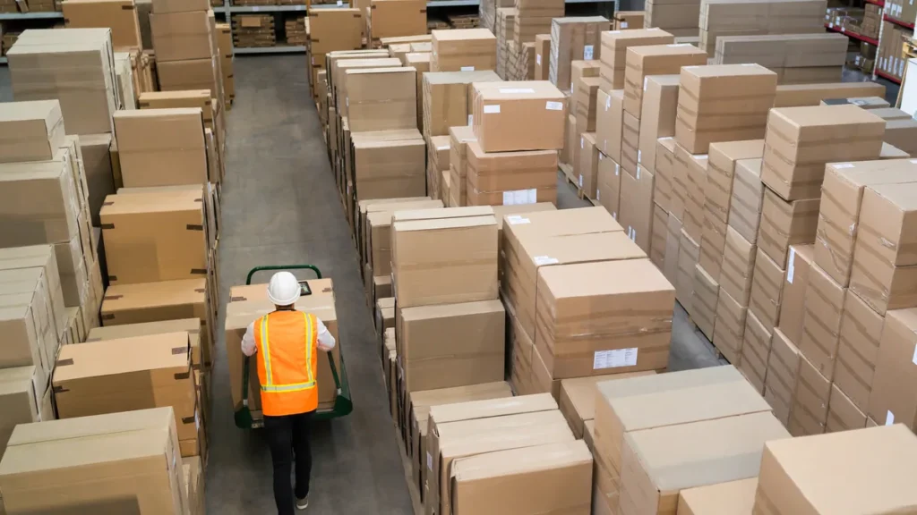 Cajas en cinta transportadora para explicar el flujo de la logística inversa.