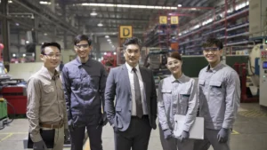 Equipo de fábrica posando en planta industrial para ilustrar el método Kaizen.