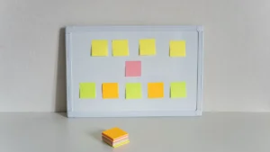 Tablero con notas adhesivas para explicar cómo implementar el método Kanban.
