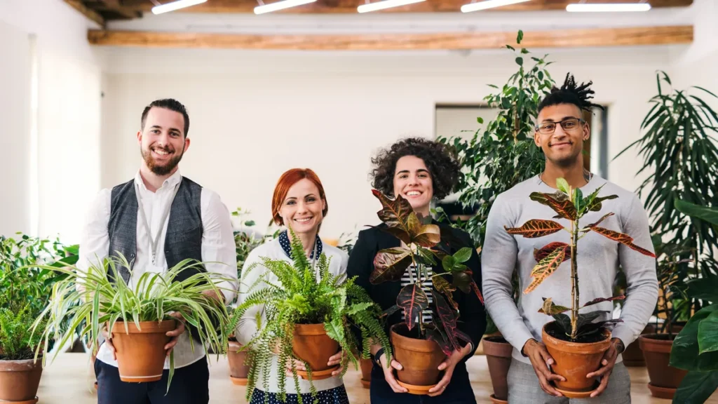 Equipo con plantas en una oficina para representar la normativa ESG en empresas españolas.
