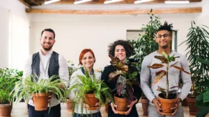 Equipo con plantas en una oficina para representar la normativa ESG en empresas españolas.