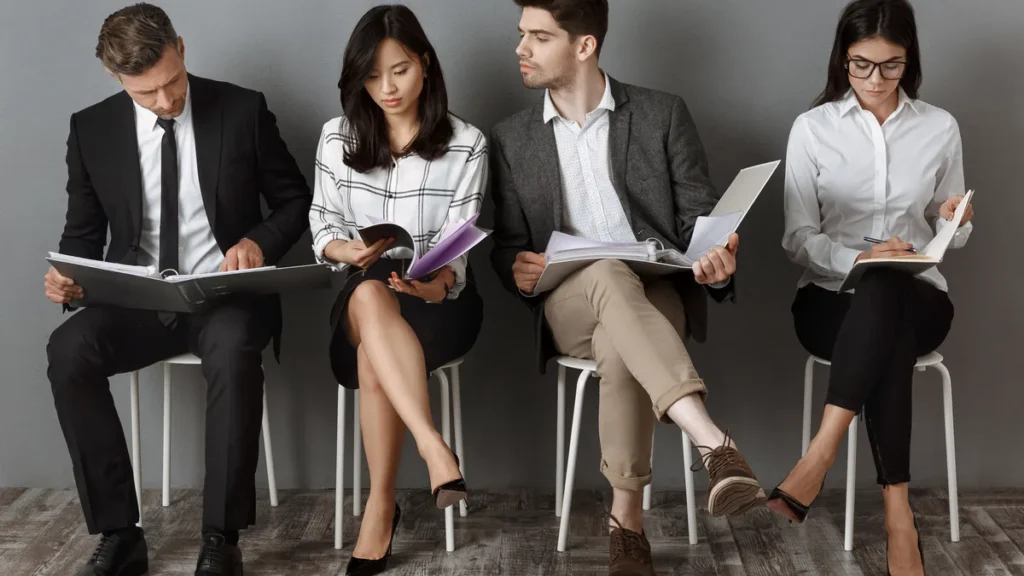 Candidatos esperando una entrevista para comparar reclutamiento interno y externo.