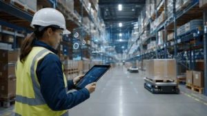 Operaria usando una tablet en un almacén inteligente con datos digitales para la gestión de inventarios.