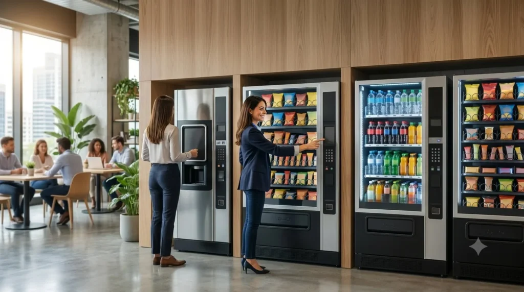 Zona de descanso en oficina moderna con máquinas vending de snacks y bebidas, mientras varias personas las utilizan.