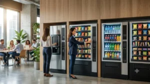 Zona de descanso en oficina moderna con máquinas vending de snacks y bebidas, mientras varias personas las utilizan.