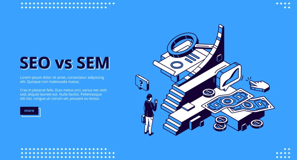 Ilustración comparativa de SEO vs SEM con elementos de marketing digital, búsqueda online y publicidad en internet