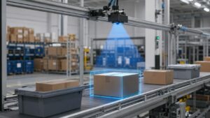 Sistema de visión artificial inspeccionando paquetes en una línea automatizada de intralogística.