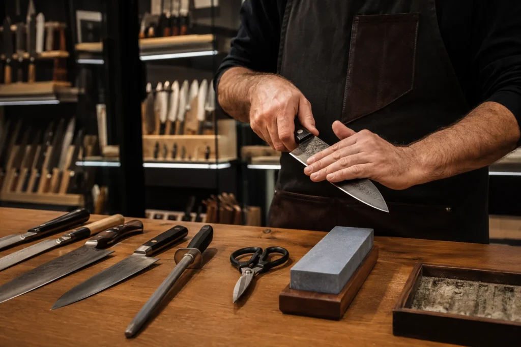 Afilador profesional revisando el filo de un cuchillo en un taller de cuchillería