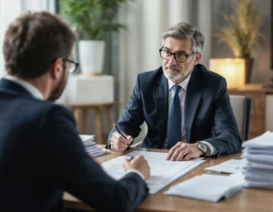 Abogado especialista en herencias asesorando a un cliente durante una reunión con documentos legales