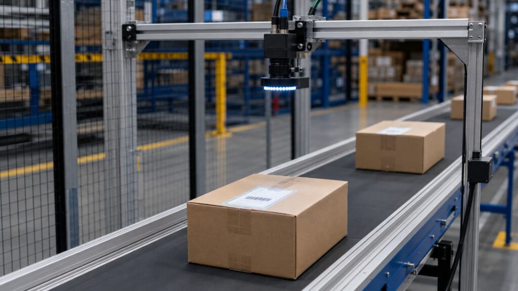 Sistema de visión artificial verificando etiquetas y códigos de paquetes en una cinta transportadora.
