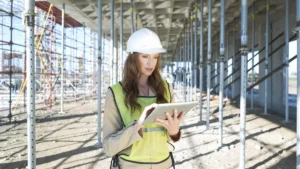Ingeniera con casco y chaleco reflectante revisando una tablet en una obra de construccion con andamios metalicos.