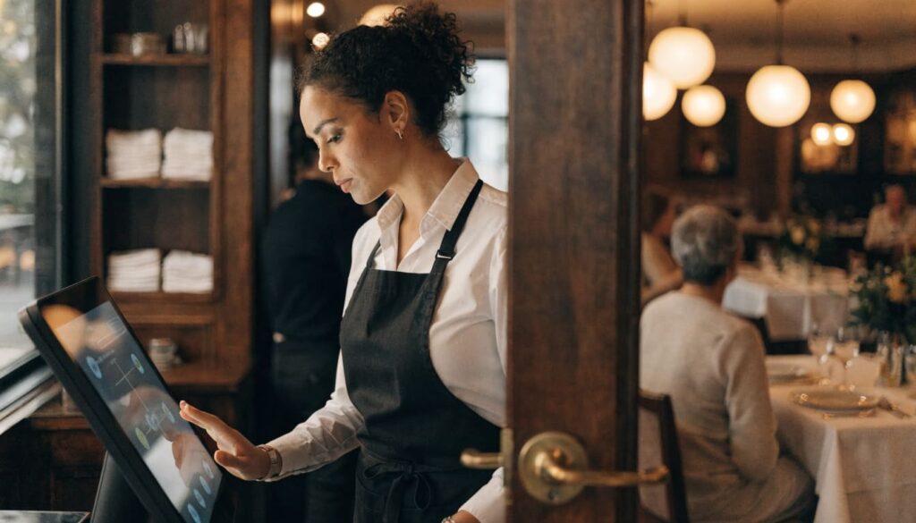 dependienta restaurante utilizando software de gestión de pedidos