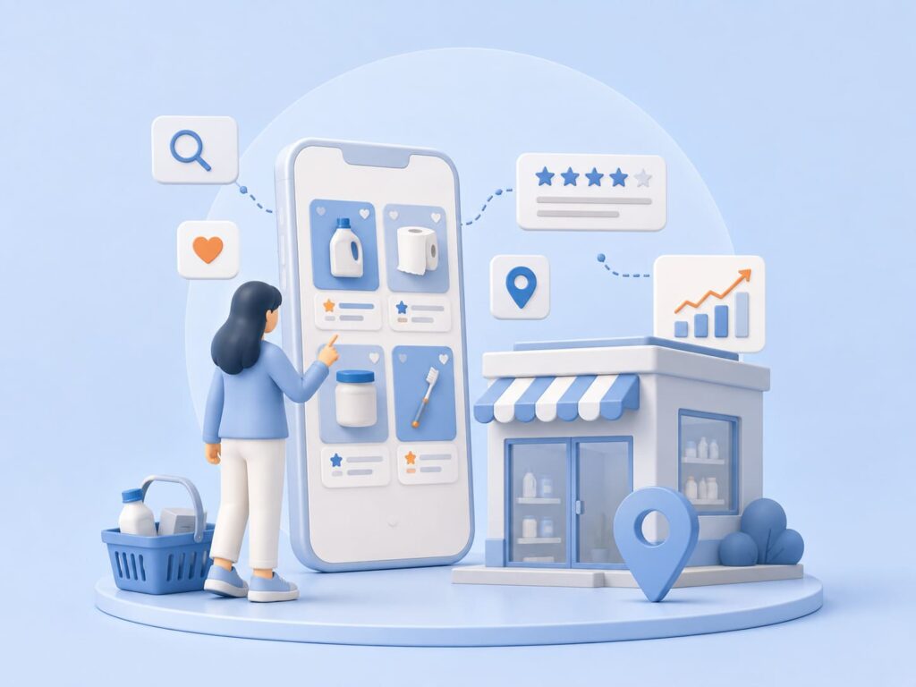 Ilustración de persona comprando productos de supermercado desde una aplicación móvil con tienda física y geolocalización.