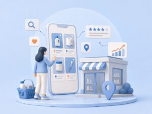 Ilustración de persona comprando productos de supermercado desde una aplicación móvil con tienda física y geolocalización.