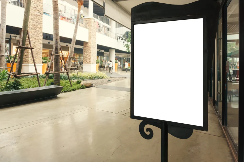 Cartel publicitario en blanco situado en el interior de un centro comercial.