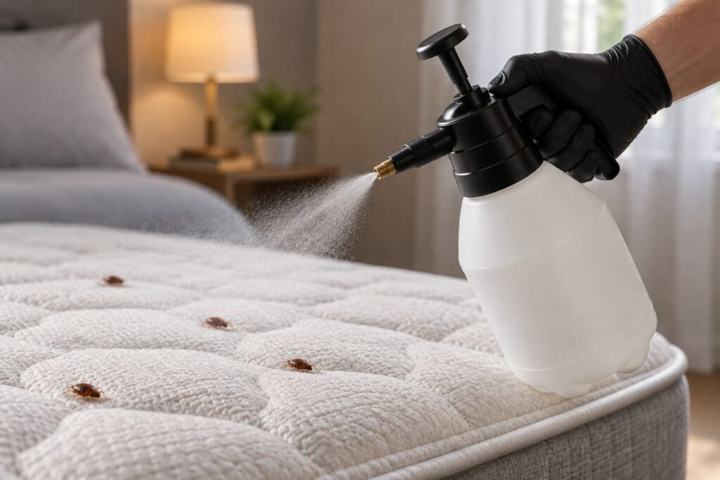 Aplicación de insecticida para eliminar chinches de cama en un colchón